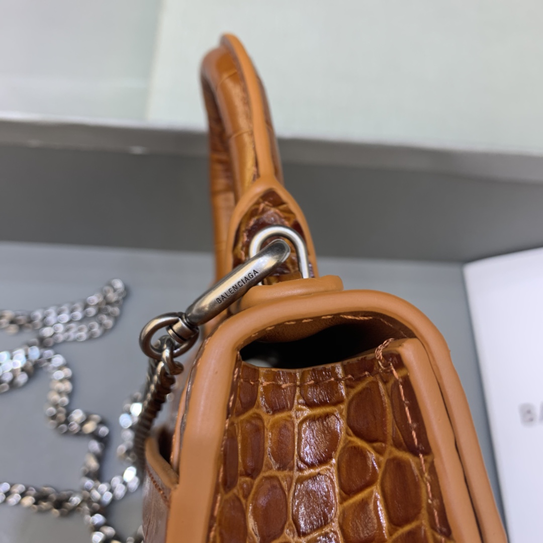 Balenciaga Hourglass Mini Handbag With Chain Crocodile Embossed Shoulder Bag Brown